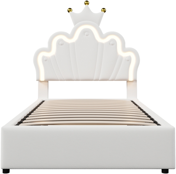 Polsterbett 90x200 cm mit LED-Beleuchtung, hydraulischem Bettkasten, verstellbarem Kopfteil, elegantes Kronendesign,Weiß,inklusive Taschenfederkern Bild 10