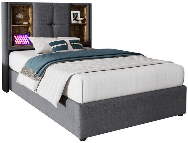TavilaEcon Boxspringbett Polsterbett, Hydraulisch Stauraumbett mit Kabellosem Laden, mit vier offenen Ablagefächern am Kopfteil