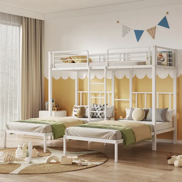 Etagenbett mit Rausfallschutz, 3 Schlafgelegenheiten und Lattenrost, 90x200 cm, Metallbett