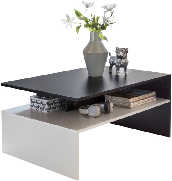 Wohnzimmertisch 90 x 43 x 60 cm mit Ablage Holz Schwarz / Weiß, Design Wohnzimmer Couchtisch zweiteilig mit Stauraum, Sofatisch eckig Kaffeetisch modern, Loungetisch groß & hoch