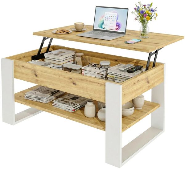 TREND WERK Couchtisch Lift-Couchtisch höhenverstellbar Sofatisch 92×54 cm mit Stauraum, verstecktem Fach Wohnzimmertisch Holz modern