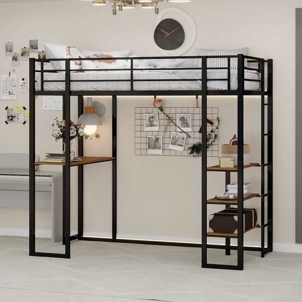 Hochbett Liegefläche 90x190 cm aus Eisen mit Schreibtisch, beidseitigen Leitern und Stauraum unter dem Bett