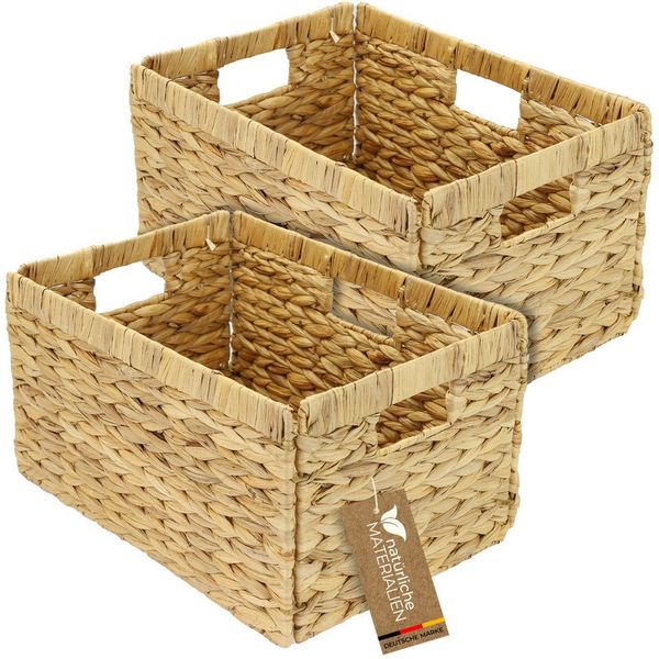 HMF Regalkorb Aufbewahrungskorb passend für Billy Regal, Korb geflochten aus, Wasserhyazinthe mit drei Griffen, 2er Set, 35 x 25 x 20 cm, Natur