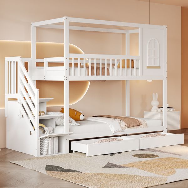 Etagenbett Kinderbett 90*200cm, Massivholz Doppelbett, Hausform mit Fenstern, Sicherheitszaun-Design, Mit Aufbewahrungsschubladen und Sicherheitsleiter, Weiß