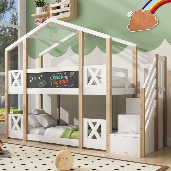 Etagenbett aus Holz, Baumhaus-Design mit Treppe & Stauraum, 96x256x205 cm, Weiß/Natur, ohne Matratze