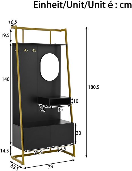 Kompaktgarderobe 78 x 38,5 x 180,5 cm mit Spiegel, Schuhschrank und Metallhaken Bild 5
