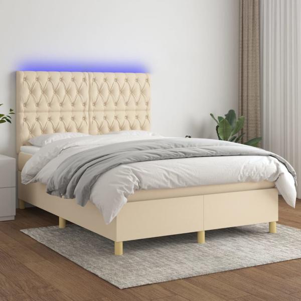 vidaXL Boxspringbett mit Matratze & LED Creme 140x190 cm Stoff 3135674