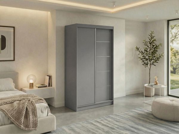 Moderner Schwebetürenschrank MACEDONIA, Kleiderschrank in Grau Color, Breite 120 cm, minimalistisches Design, Inkl. Innenausstattung