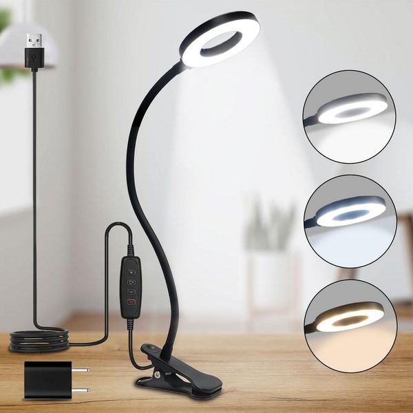 LQWELL LED Klemmleuchte Ringlicht, Clip-On, 3 Farben, dimmbar, emmleuchten Leselampe Buch, LED fest integriert, 3000K Warmweiß, 4500K Naturweiß, 6500K Kaltweiß, flexibler Schwanenhals, USB, Schlafzimmer Deko