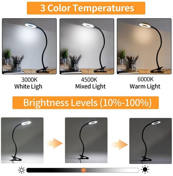 LQWELL LED Klemmleuchte Ringlicht, Clip-On, 3 Farben, dimmbar, emmleuchten Leselampe Buch, LED fest integriert, 3000K Warmweiß, 4500K Naturweiß, 6500K Kaltweiß, flexibler Schwanenhals, USB, Schlafzimmer Deko