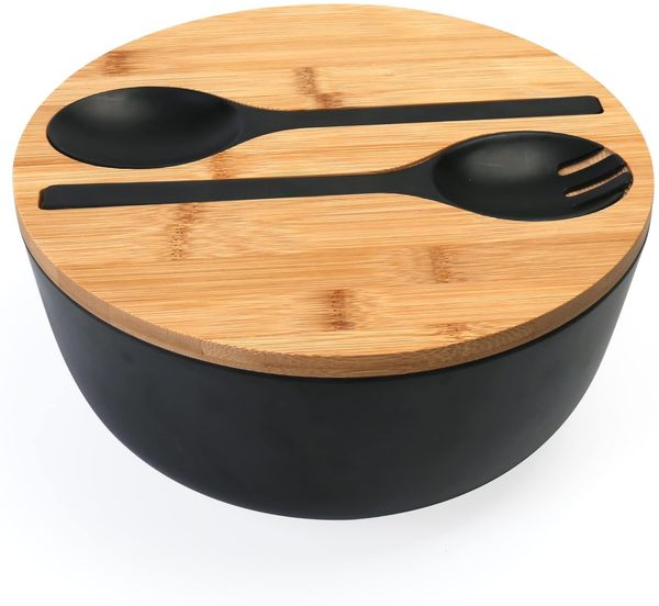 ABC Schwarzes Salatschüssel - Set, große Salatschüssel aus Bambusfaser, 25 cm Durchmesser, mit Deckel
