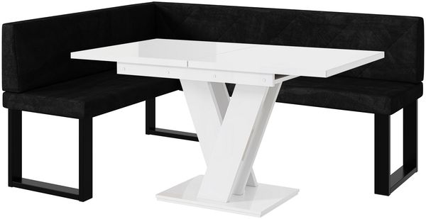 MEBLINI Eckbank für Esszimmer mit ausziehbarem Tisch - Küchenbank - Essecke - Sitzecke Küche - ERIC - U-Beine 128x168x87cm Links - Graphit Samt/M Weiß Hochgl.