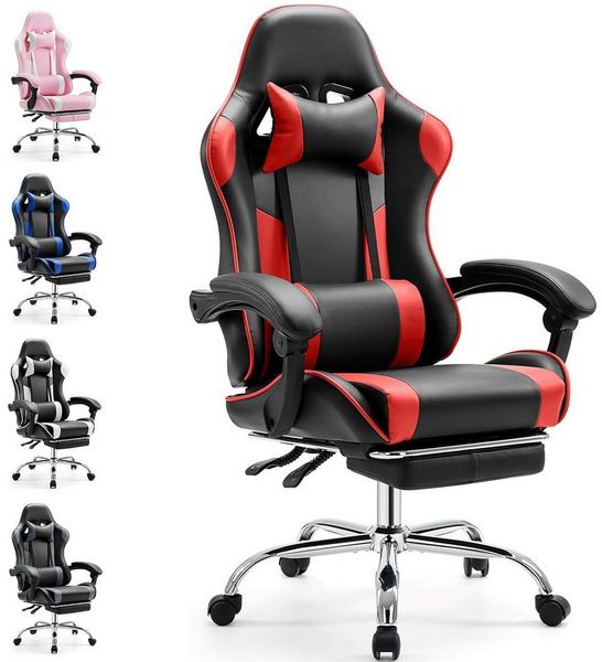DUMOS Gaming-Stuhl Ergonomischer Bürostuhl mit Fußstütze, PU-Leder E-Sportstuhl, Gepolstert mit verstellbare Lendenkissen, Kopfkissen und Armlehnen