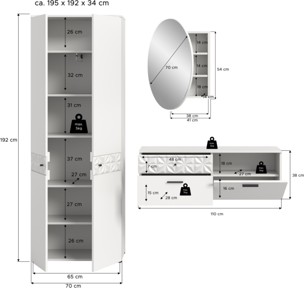 Xonox Prisma Garderobenkombination (B/H/T 195x192x34 cm) in weiß NB und Hochglanz absetzungen