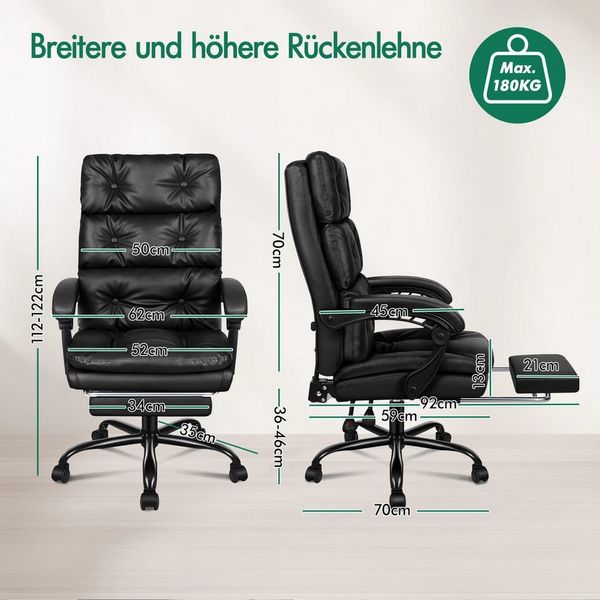 ALFORDSON Bürostuhl Dreipolsteriger Computerstuhl mit Fußstütze & hoher Netzrückenlehne (1 St), 150° verstellbare Rückenlehne, PU-Leder