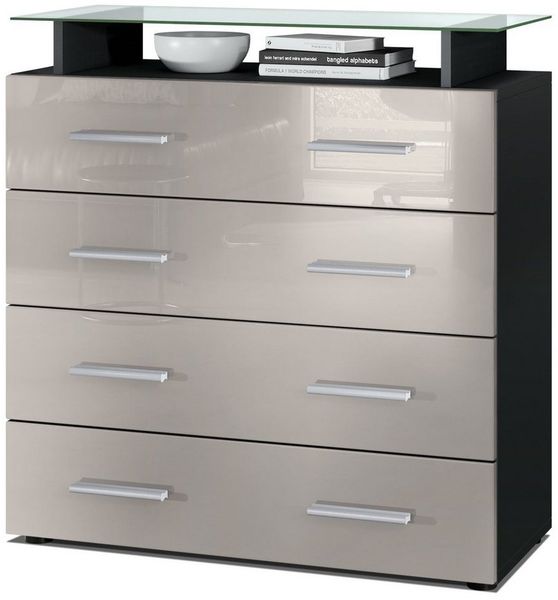 Vladon Sideboard Pavos V2, Kommode mit 4 Schubladen und Glasablage, Schwarz matt/Sandgrau Hochglanz (76 x 81 x 35 cm)