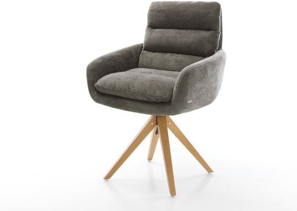 Drehstuhl Abelia-Flex mit Armlehnen Bouclé Soft Schlamm Holzgestell kantig Natur 180° drehbar