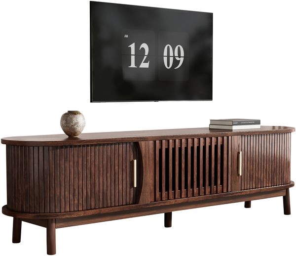 Merax 165cm brauner Lowboard-TV-Schrank, flacher brauner TV-Schrank mit Schiebetür, mit nach unten klappbarer Hohlschranktür, passend für TV-Ständer bis zu 65 Zoll, mit Stützbeinen Bild 3