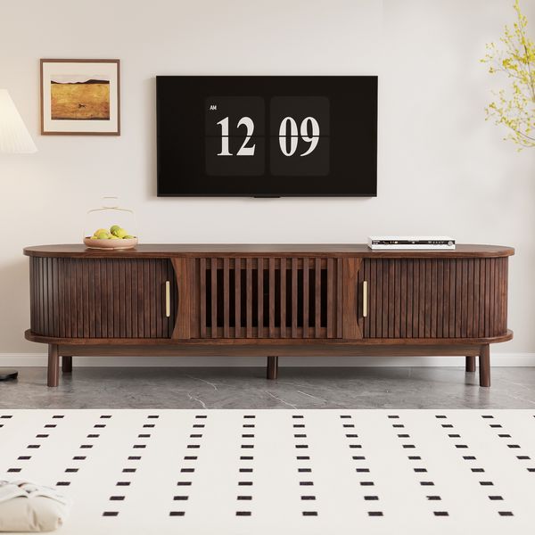 Merax 165cm brauner Lowboard-TV-Schrank, flacher brauner TV-Schrank mit Schiebetür, mit nach unten klappbarer Hohlschranktür, passend für TV-Ständer bis zu 65 Zoll, mit Stützbeinen