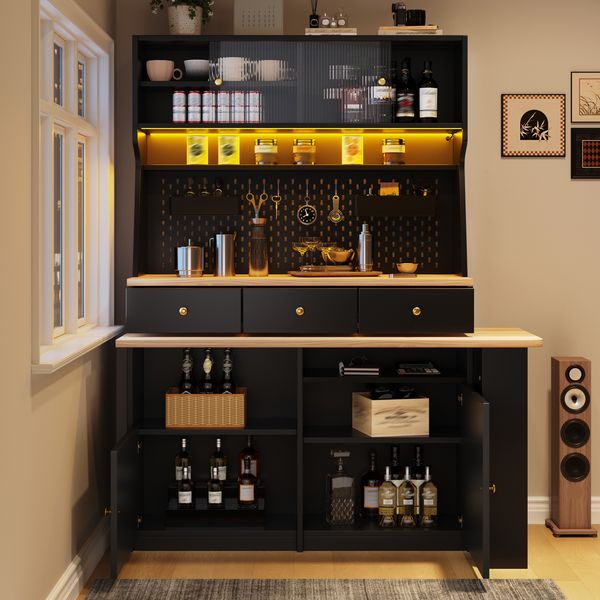 Hochschrank mit integriertem Schreibtisch 137×74×177,7 cm aus MDF, Metall und Glas mit App-gesteuerter LED-Beleuchtung, schwarz