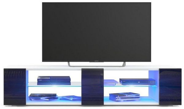 Vladon Lowboard Movie V2, TV-Kommode mit 6 offenen Fächern und Zierleisten, Weiß matt/Schwarz Hochglanz, inkl. LED-Beleuchtung blau (134 x 29 x 39 cm) Bild 2
