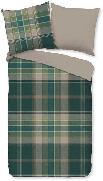 good morning Wendebettwäsche Dirkje, Biber, Flanell, 2 teilig, Flanell, Biber, Winter, Warm, Reißverschluss, Wendeoptik, Karo, grün