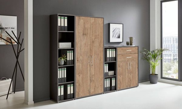 BMG Möbel Aktenschrank Office Edition (Set 22, Büroschrank abschließbar mit Metallgriffen, 4 teilig) 2x Regal, 1x großer Aktenschrank, 1x Schubkastenschrank
