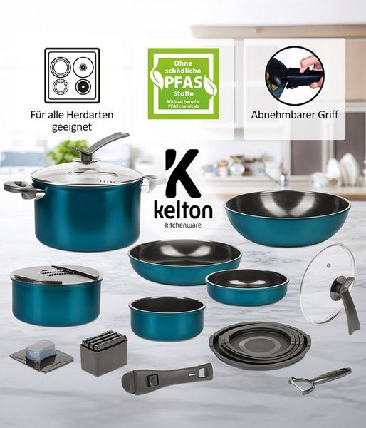 Genius Pfannen-Set Kelton 31 tlg, Kochgeschirr, inklusive Clia Genie Schwämmen, (Großes Koch-Set, 31 tlg), Platzsparendes Design mit abnehmbarem Griff & stapelbaren Elementen