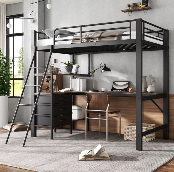 Etagenbett mit Schreibtisch & 3 Schubladen, 90x200 cm, Schwarz/Dunkle Walnuss, ohne Matratze