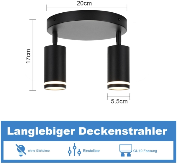 ZMH LED Deckenleuchte 2 flammig - Schwarz Deckenlampe GU10 Schwenkbar Strahler Holz Wandleuchte Wandstrahler für Wohnzimmer Schlafzimmer Ohne Leuchtmittel Bild 2