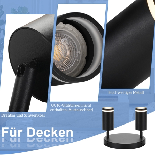 ZMH LED Deckenleuchte 2 flammig - Schwarz Deckenlampe GU10 Schwenkbar Strahler Holz Wandleuchte Wandstrahler für Wohnzimmer Schlafzimmer Ohne Leuchtmittel Bild 5