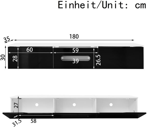 TV-Schrank 180x35x30 cm, Schwarz-Weiß Hochglanz, mit app-gesteuerter LED-Beleuchtung Bild 10