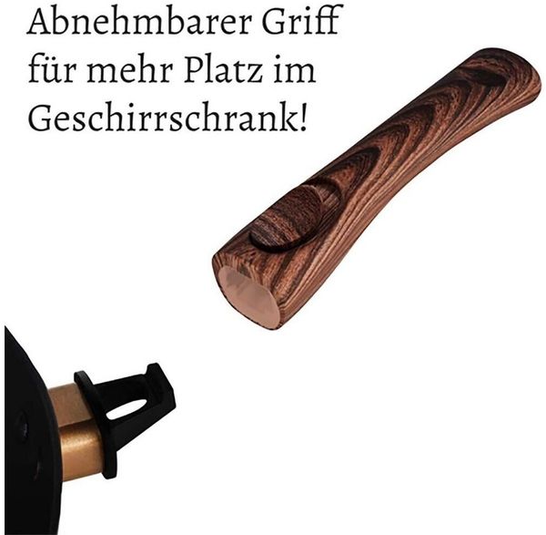 KVOTA Wok Pfanne abnehmbarer Holzoptik-Griff Deckel Ø32cm Antihaft Groß 4,7L, Aluminium, Außenseite mit temperaturbeständiger Beschichtung