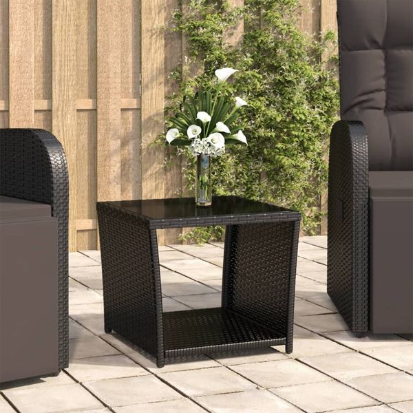 Gartentisch, Beistelltisch, Balkontisch mit Glasplatte Schwarz Poly Rattan & Hartglas