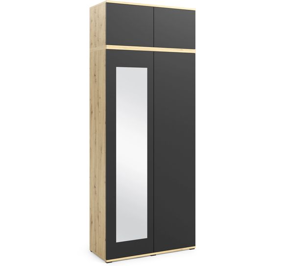 Kleiderschrank 90 cm Modulo 2-türig mit Spiegel und Schrankaufsatz, Mehrzweckschrank, Artisan/Schwarz, Push-to-Open-System, Modernes Design, 225 x 40 x 90 cm