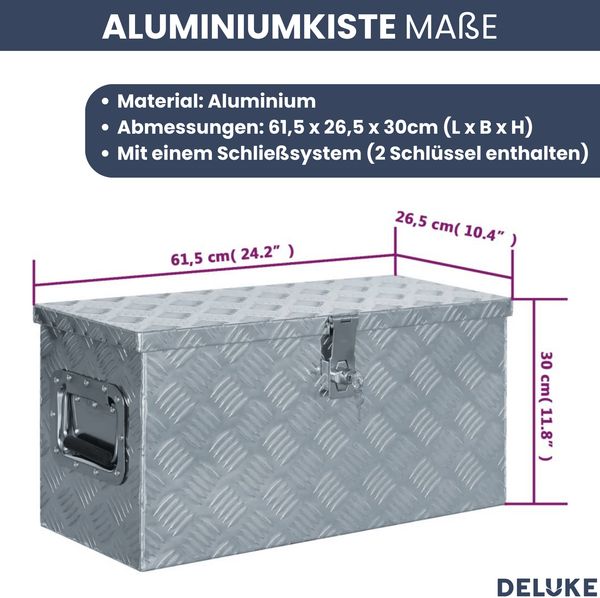 Aluminiumbox mit Deckel - Abschließbar | Alubox Deichselbox Alu Anhängerbox Werkzeugkiste Metall Transportbox Metallkiste, 61,5x26,5x30cm Silber Bild 3