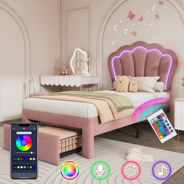 Polsterbett 90x200 cm Rosa Samt mit LED-Beleuchtung, Verstellbares Kopfteil ,mit Schublade und Blumenmuster Design