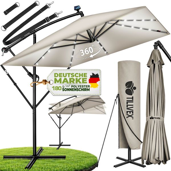 tillvex® Alu Sonnenschirm Rechteckig Ø 330 cm mit LED Solar Taupe + Abdeckung mit Kurbel | Ampelschirm mit Ständer & Windschutz | Gartenschirm UV-Schutz, wasserdicht, 360° drehbar | Kurbelschirm Marktschirm
