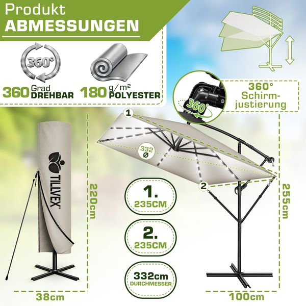 tillvex® Alu Sonnenschirm Rechteckig Ø 330 cm mit LED Solar Taupe + Abdeckung mit Kurbel | Ampelschirm mit Ständer & Windschutz | Gartenschirm UV-Schutz, wasserdicht, 360° drehbar | Kurbelschirm Marktschirm Bild 2