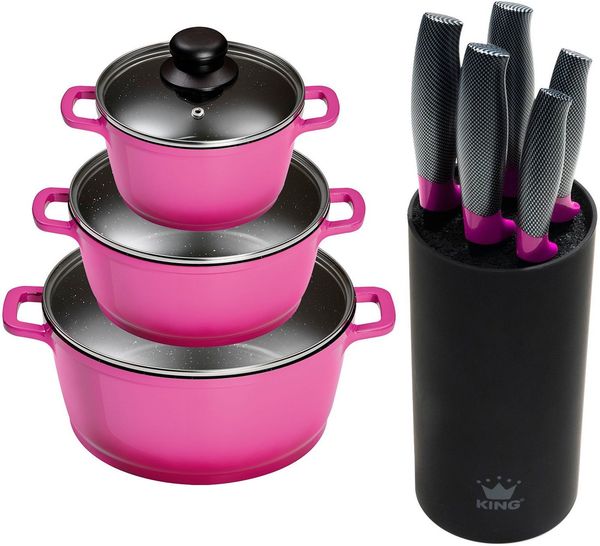 KING Topf-Set Berry, Aluminiumguss (Set, 9-tlg, je 1 Kochtopf mit Deckel 16/20/24 cm, Messerblock mit 5 Kochmesser), Induktion
