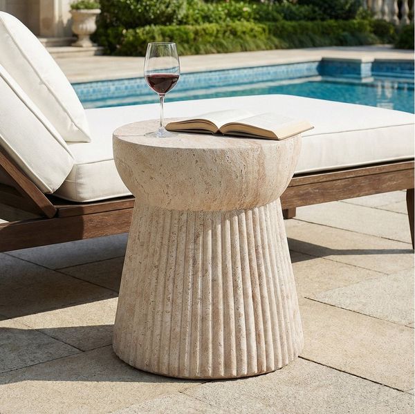 Flieks Gartentisch runder Beistelltisch Outdoor aus MgO, Travertinoptik (B38/H43 cm, 1-St, 1 Tisch), Balkontisch Couchtisch Esstisch für den Innen- und Außenbereich