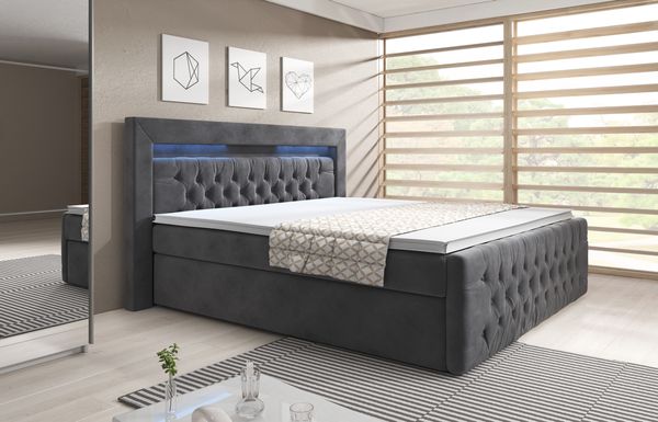Ascona Boxspringbett mit LED-Beleuchtung, Blau-LED, 180 x 200 cm, Matratze H4, Grau