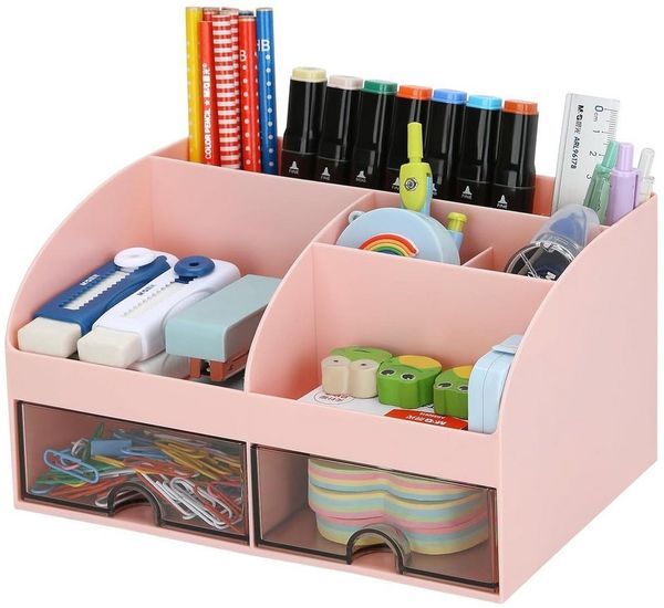 TUWENA Schreibtisch Schreibtisch Organizer Stiftehalter Stifte Organise mit 2 Schubladen, Multifunktionaler Stifteköcher für Büro Zuhause Schule Kinder 8 Fächer