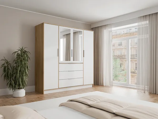 Vente-unique - LAMIKI Geschlossener und offener Kleiderschrank Holz, Platte BeigeWeiß - B 58 cm x H 200 cm x L 196 cm