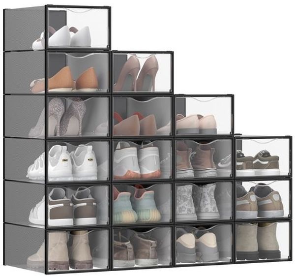 SONGMICS Schuhboxen, Schuh-Organizer aus Kunststoff, mit Tür, durchsichtig, 18er Set, stapelbar, einfache Montage, 33,2 x 23 x 14,5 cm, für Schuhe bis Größe 43, transparent-tintenschwarz