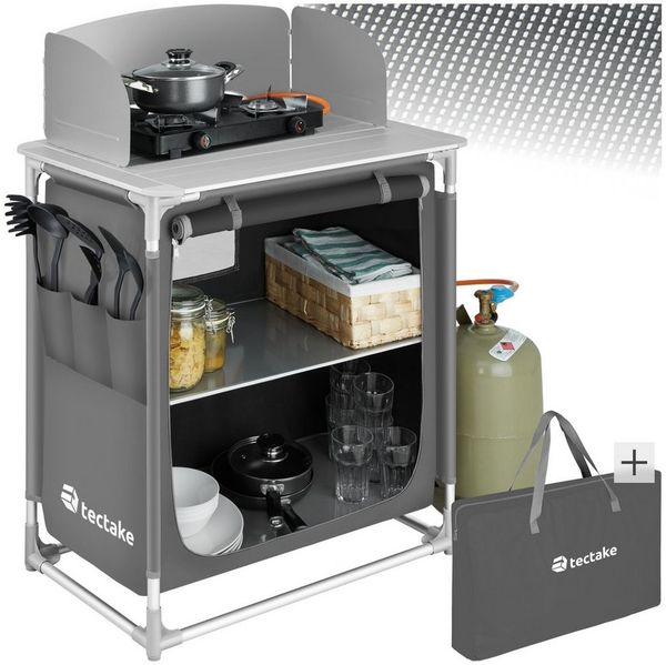 tectake Campingtisch Campingküche Premium mit Aluminiumgestell und 2 Fächern (1-St, 1 tlg), Sehr kompakt zerlegbare Aufbauküche mit Aluminiumgestell