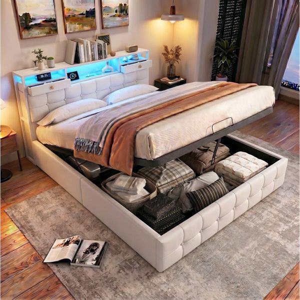 PXloue Polsterbett LED hydraulisches Doppelbett Stauraumbett (inkl. Hydraulisch anhebbarer Bettstauraum), mit USB-Laden und Stauraum am Kopfteil,Samt,140x200 cm