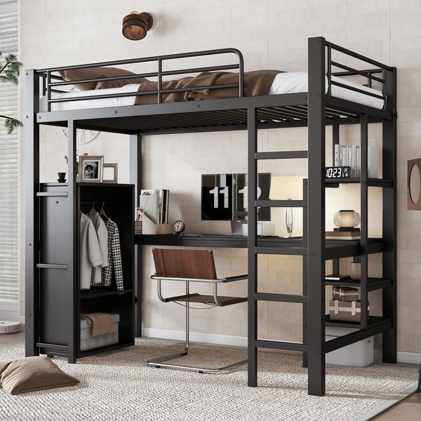 Etagenbett 90×200 cm mit Rundum-Rausfallschutz, Schreibtisch und Schrank, Schwarz, ohne Matratze