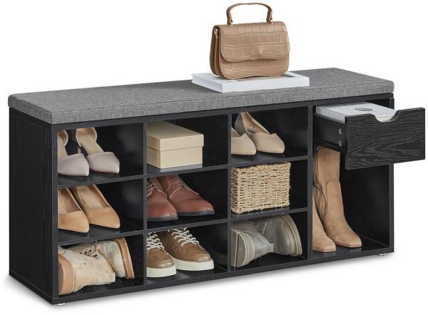 Vasagle Schuhbank, Schuhregal mit Schublade und offenen Fächern, Sitzbank, gepolsterter Sitz, Flur, Schlafzimmer und Eingangsbereich, 30 x 104 x 48 cm, ebenholzschwarz-schiefergrau LHSDE024B02