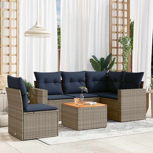 vidaXL 6-tlg. Garten-Sofagarnitur mit Kissen Grau Poly Rattan 3256460